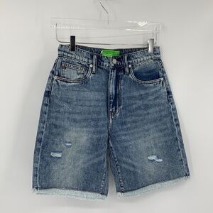 Sandrine Rose cut-off long denim jean shorts distressed frayed hem blue new 28